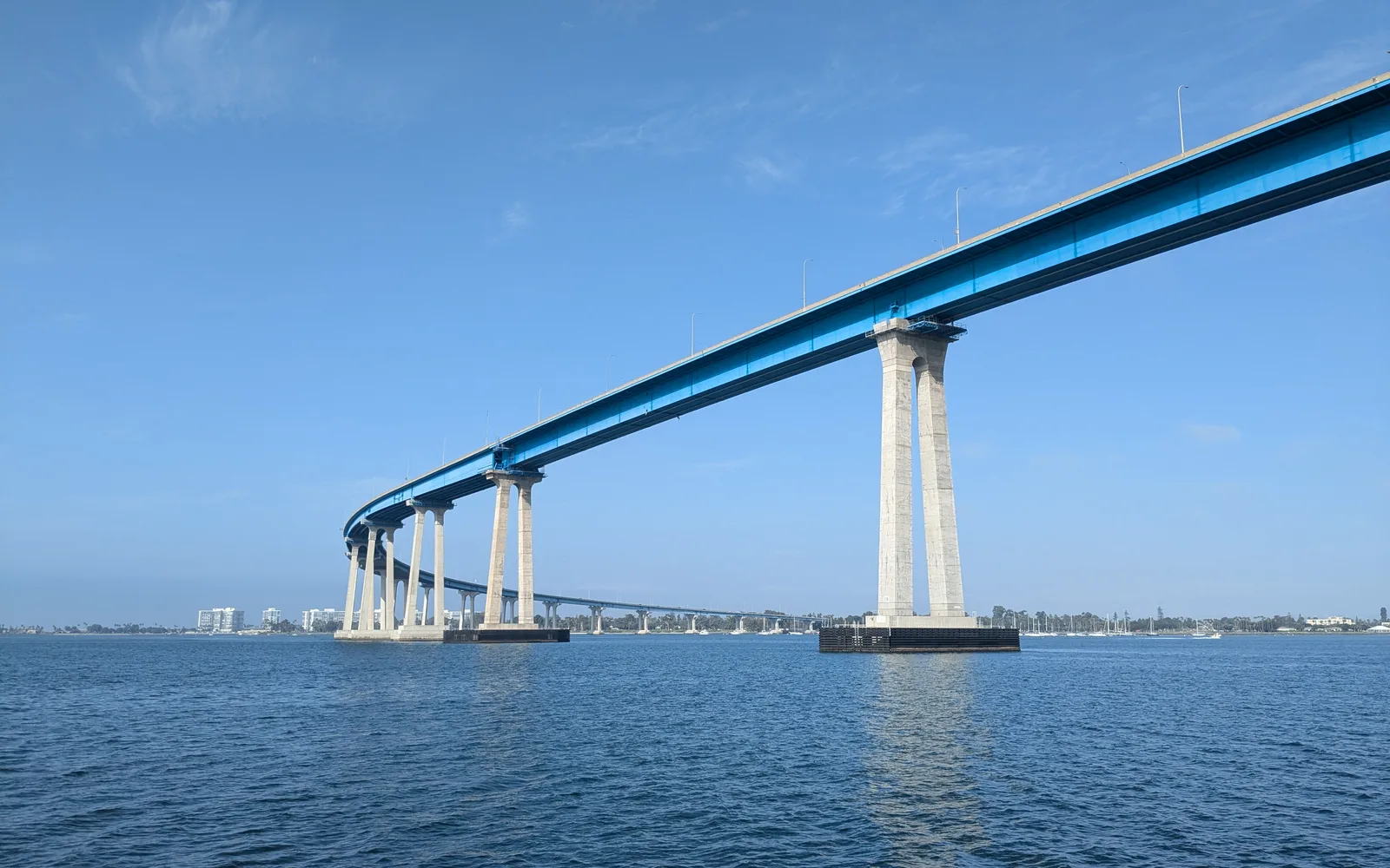 The San Diego Coronado Bridge spanning across San Diego Bay, photographed from the water